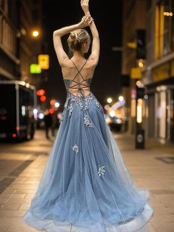 A-Line/Princess Tulle Applique V-neck Sleeveless Sweep/Brush Train Dresses Prom Evening Dress