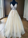 A-Line/Princess Tulle Applique V-neck Sleeveless Floor-Length Dresses Prom Evening Dress