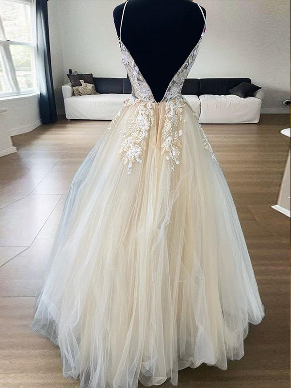 A-Line/Princess Tulle Applique V-neck Sleeveless Floor-Length Dresses Prom Evening Dress