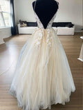 A-Line/Princess Tulle Applique V-neck Sleeveless Floor-Length Dresses Prom Evening Dress