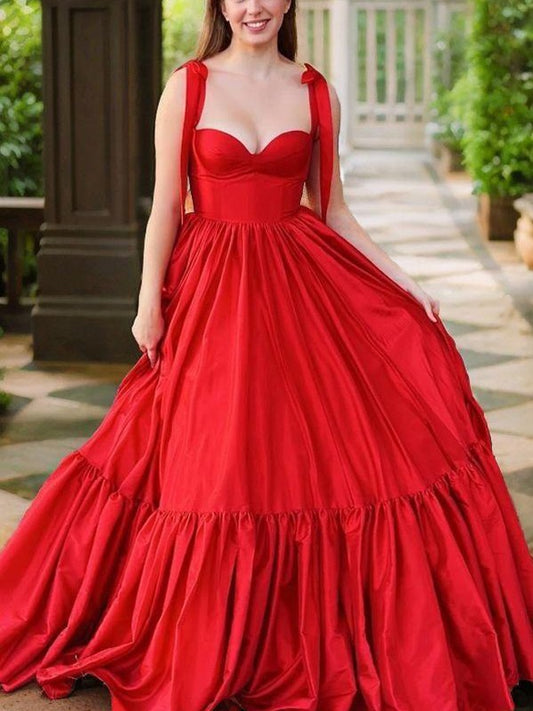 A-Line/Princess Taffeta Ruched Straps Sleeveless Floor-Length Dresses Prom Evening Dress