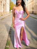 Sheath/Column Silk like Satin Ruched Spaghetti Straps Sleeveless Sweep/Brush Train Corset Dresses Prom Evening Dress