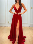 A-Line/Princess Velvet V-neck Sleeveless Sweep/Brush Train Dresses Prom Evening Dress