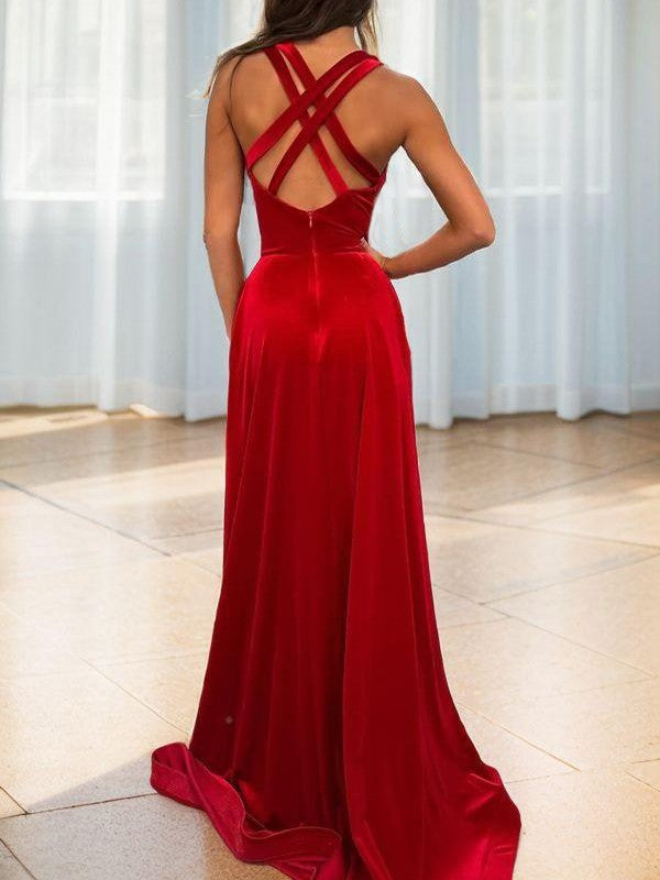 A-Line/Princess Velvet V-neck Sleeveless Sweep/Brush Train Dresses Prom Evening Dress