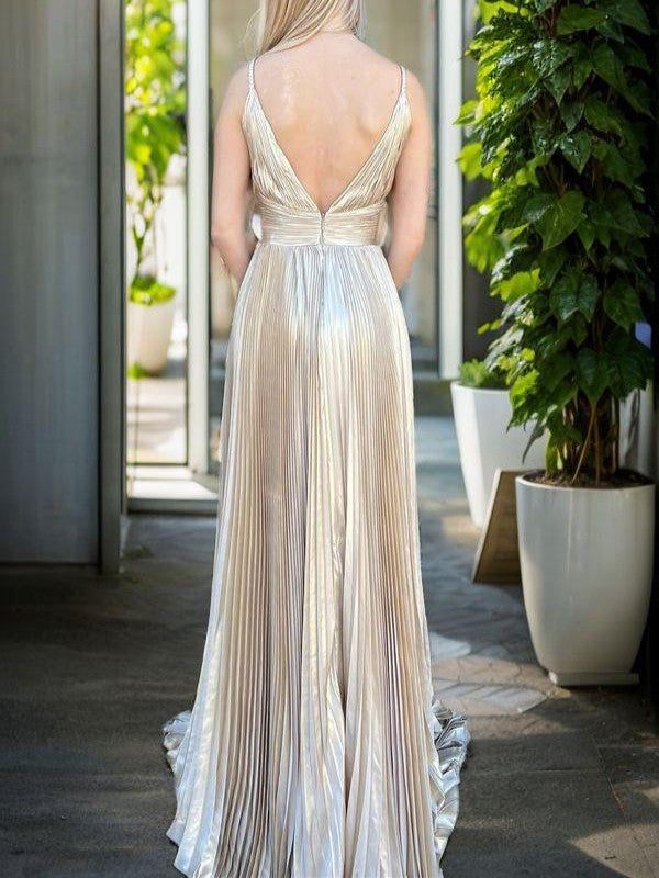 A-Line/Princess Silk like Satin Ruched V-neck Sleeveless Sweep/Brush Train Dresses Evening Prom Dress