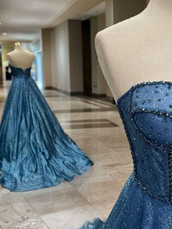 Ballkleid Perlenstickerei Herzausschnitt Ärmellos Hofschleppe Korsett Abendkleider Ballkleid