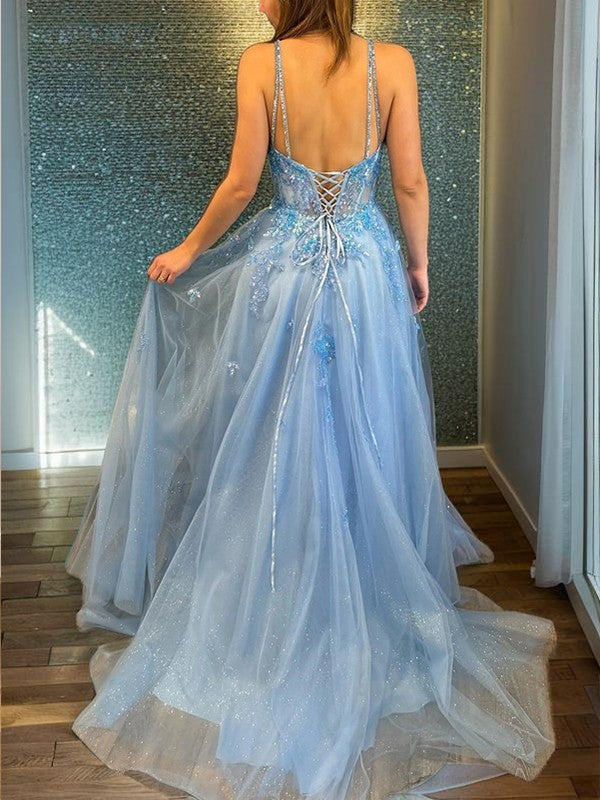 A-Line/Princess Applique V-neck Sleeveless Sweep/Brush Train Corset Ev