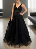 A-Line/Princess Applique V-neck Sleeveless Sweep/Brush Train Corset Evening Dresses Prom Dress