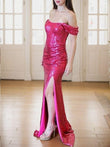 Sheath/Column Sequin Ruched Off-the-Shoulder Sleeveless Sweep/Brush Train Dresses Prom Evening Dress
