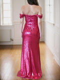 Sheath/Column Sequin Ruched Off-the-Shoulder Sleeveless Sweep/Brush Train Dresses Prom Evening Dress