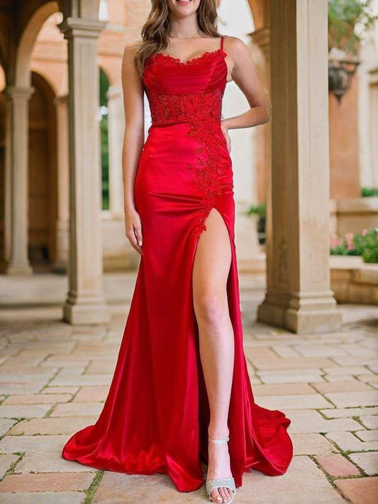 Sheath/Column Silk like Satin Applique Spaghetti Straps Sleeveless Sweep/Brush Train Corset Dresses Prom Evening Dress