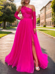 A-Line/Princess Tulle Applique One-Shoulder Long Sleeves Sweep/Brush Train Corset Convertible Dresses Prom Evening Dress