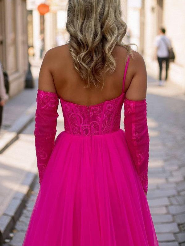 A-Line/Princess Tulle Applique One-Shoulder Long Sleeves Sweep/Brush Train Corset Convertible Dresses Prom Evening Dress