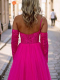 A-Line/Princess Tulle Applique One-Shoulder Long Sleeves Sweep/Brush Train Corset Convertible Dresses Prom Evening Dress