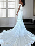 Sheath/Column Silk like Satin Ruched Off-the-Shoulder Sleeveless Cathedral Train Corset Wedding Dresses Bridal Gowns