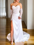 Sheath/Column Silk like Satin Applique Sweetheart Long Sleeves Chapel Train Corset Wedding Dresses Bridal Gowns