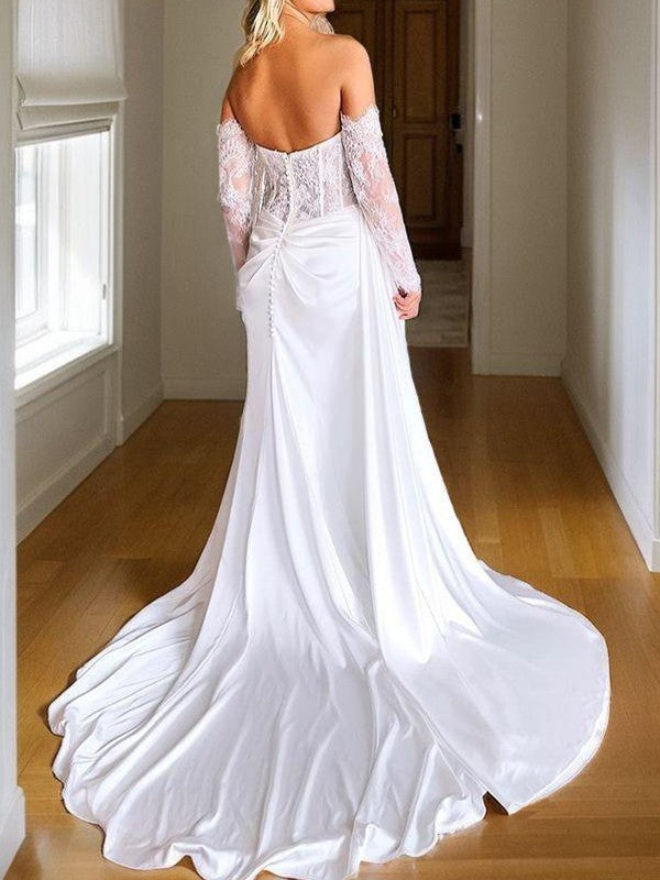 Sheath/Column Silk like Satin Applique Sweetheart Long Sleeves Chapel Train Corset Wedding Dresses Bridal Gowns
