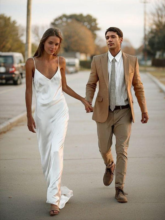 Sheath/Column Silk like Satin V-neck Sleeveless Sweep/Brush Train Wedding Dresses Bridal Gowns