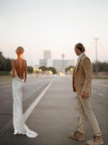Sheath/Column Silk like Satin V-neck Sleeveless Sweep/Brush Train Wedding Dresses Bridal Gowns