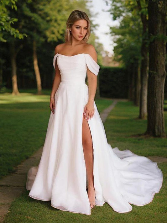 A-Line/Princess Organza Ruched Off-the-Shoulder Sleeveless Chapel Train Wedding Dresses Bridal Gowns