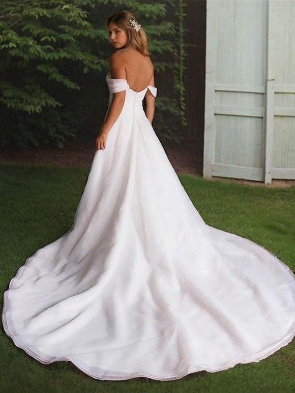 A-Line/Princess Organza Ruched Off-the-Shoulder Sleeveless Chapel Train Wedding Dresses Bridal Gowns