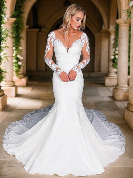 Trumpet/Mermaid Stretch Crepe Applique Scoop Long Sleeves Cathedral Train Wedding Dresses Bridal Gowns