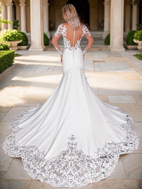 Trumpet/Mermaid Stretch Crepe Applique Scoop Long Sleeves Cathedral Train Wedding Dresses Bridal Gowns