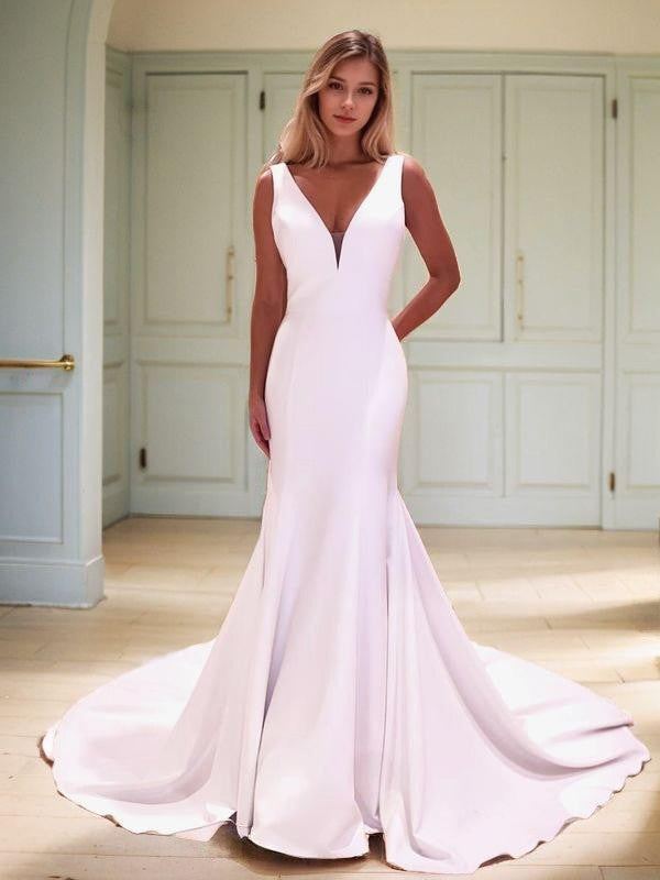 Sheath/Column Stretch Crepe V-neck Sleeveless Chapel Train Wedding Dresses Bridal Gowns