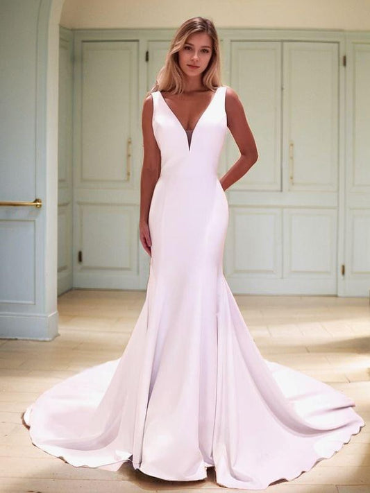 Sheath/Column Stretch Crepe V-neck Sleeveless Chapel Train Wedding Dresses Bridal Gowns
