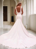 Sheath/Column Stretch Crepe V-neck Sleeveless Chapel Train Wedding Dresses Bridal Gowns