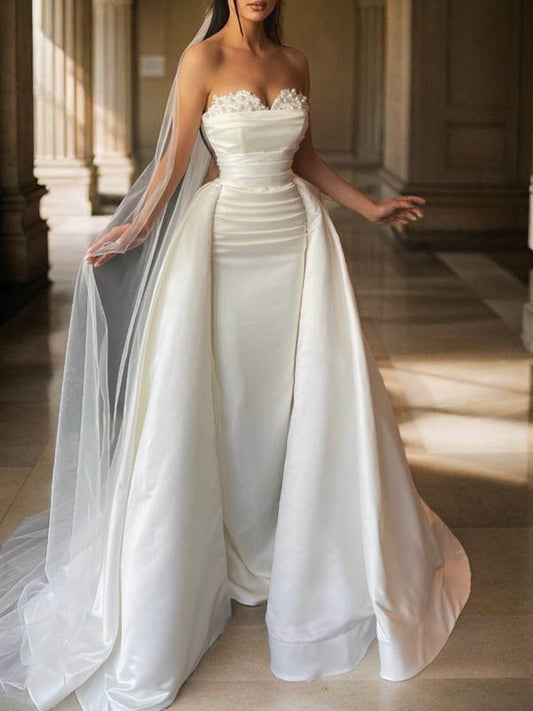 Sheath/Column Satin Beading Sweetheart Sleeveless Floor-Length Convertible Wedding Dresses Bridal Gowns