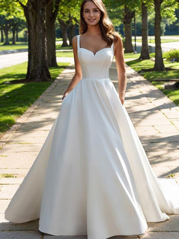A-Line/Princess Satin Straps Sleeveless Court Train Corset Wedding Dresses Bridal Gowns