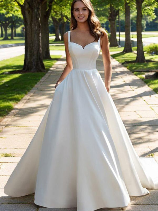 A-Line/Princess Satin Straps Sleeveless Court Train Corset Wedding Dresses Bridal Gowns