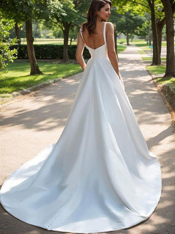 A-Line/Princess Satin Straps Sleeveless Court Train Corset Wedding Dresses Bridal Gowns