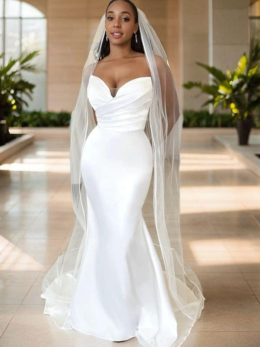 Sheath/Column Taffeta Ruched Sweetheart Sleeveless Sweep/Brush Train Wedding Dresses Bridal Gowns