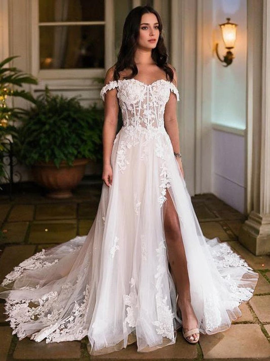 A-Line/Princess Tulle Applique Off-the-Shoulder Sleeveless Chapel Train Corset Wedding Dresses Bridal Gowns