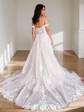 Vestidos de novia de corte A/princesa, con apliques de tul, hombros descubiertos, sin mangas, cola capilla y corsé