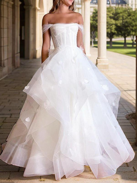 A-Line/Princess Tulle Applique Off-the-Shoulder Sleeveless Floor-Length Corset Convertible Wedding Dresses Bridal Gowns