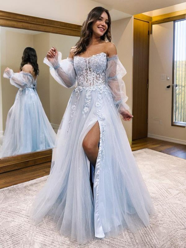 A-Line/Princess Tulle Applique Strapless Long Sleeves Floor-Length Corset Convertible Evening Dresses Prom Dress