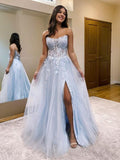 A-Line/Princess Tulle Applique Strapless Long Sleeves Floor-Length Corset Convertible Evening Dresses Prom Dress