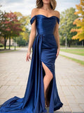 Sheath/Column Silk like Satin Ruched Off-the-Shoulder Sleeveless Sweep/Brush Train Dresses Prom Evening Dress