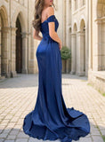 Sheath/Column Silk like Satin Ruched Off-the-Shoulder Sleeveless Sweep/Brush Train Dresses Prom Evening Dress