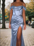Sheath/Column Silk like Satin Ruched Straps Sleeveless Sweep/Brush Train Corset Dresses Prom Evening Dress
