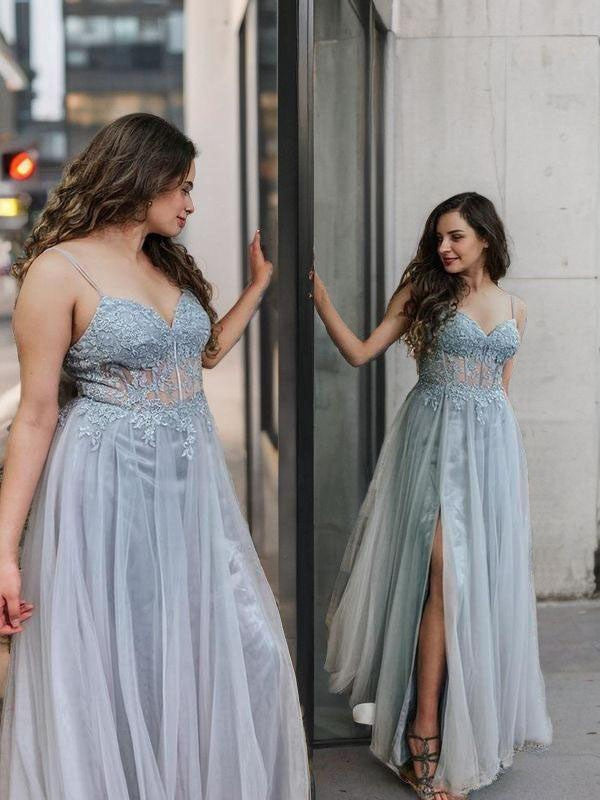 A-Line/Princess Tulle Applique V-neck Sleeveless Court Train Corset Dresses Prom Evening Dress