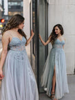 A-Line/Princess Tulle Applique V-neck Sleeveless Court Train Corset Dresses Prom Evening Dress