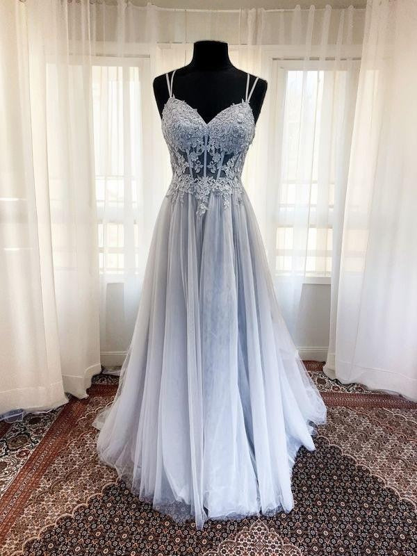 A-Line/Princess Tulle Applique V-neck Sleeveless Court Train Corset Dresses Prom Evening Dress
