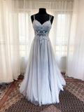 A-Line/Princess Tulle Applique V-neck Sleeveless Court Train Corset Dresses Prom Evening Dress