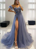 A-Line/Princess Tulle Applique Sweetheart Sleeveless Sweep/Brush Train Evening Dresses Prom Dress