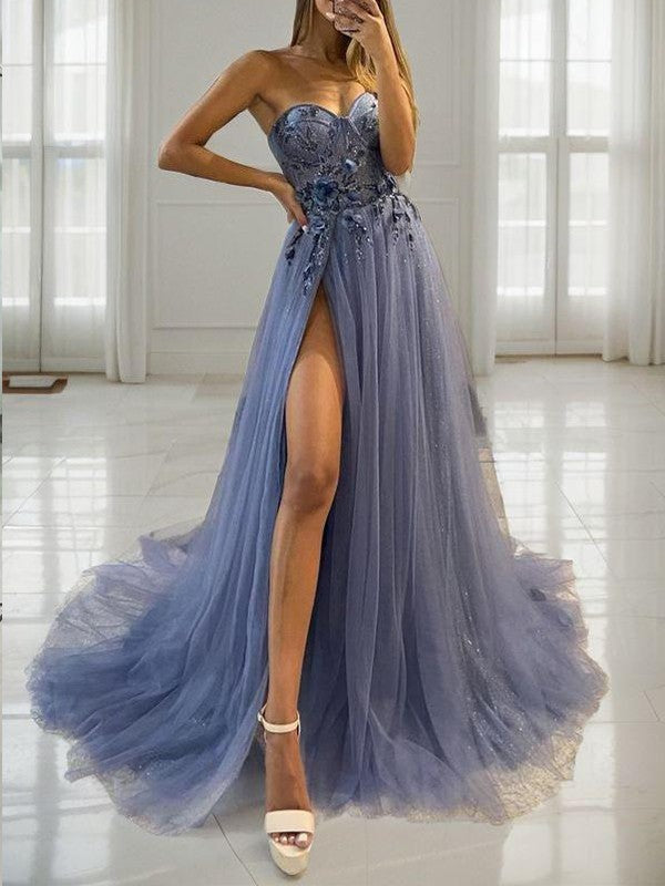 A-Line/Princess Tulle Applique Sweetheart Sleeveless Sweep/Brush Train Evening Dresses Prom Dress