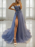 A-Line/Princess Tulle Applique Sweetheart Sleeveless Sweep/Brush Train Evening Dresses Prom Dress